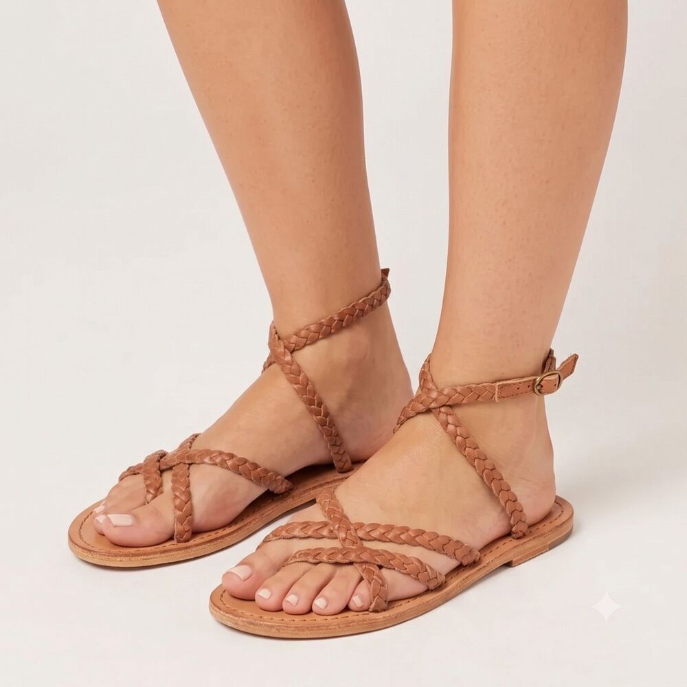 👡 L*Space Tan Braided Leather Ankle Wrap Flat Sandals Boho Beach Size 35 / 5